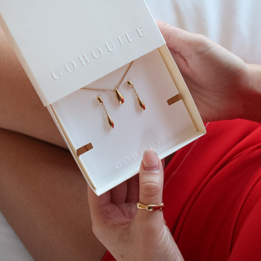 Be Mine Jewelry Gift Set for Valentine's Day featuring the delicate Sofia Earrings and timeless Sofia Necklace, crafted in 18K Yellow Gold Vermeil, beautifully packaged for her. 