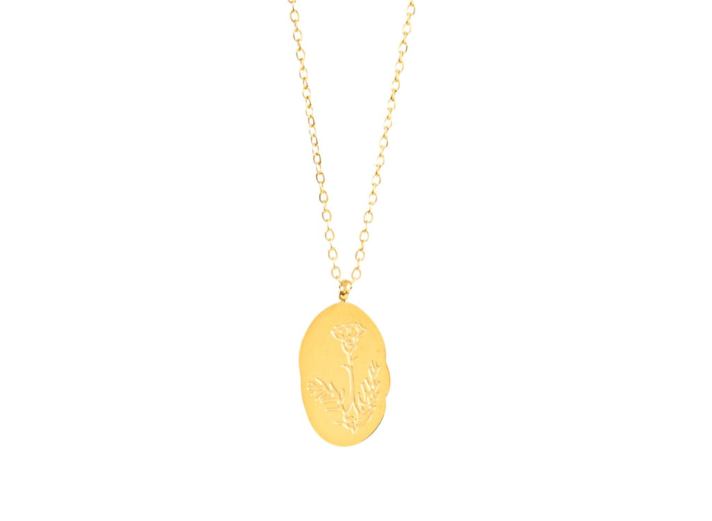 January birth flower necklace featuring beautiful carnation charms on a gold chain, symbolizing love and fascination.