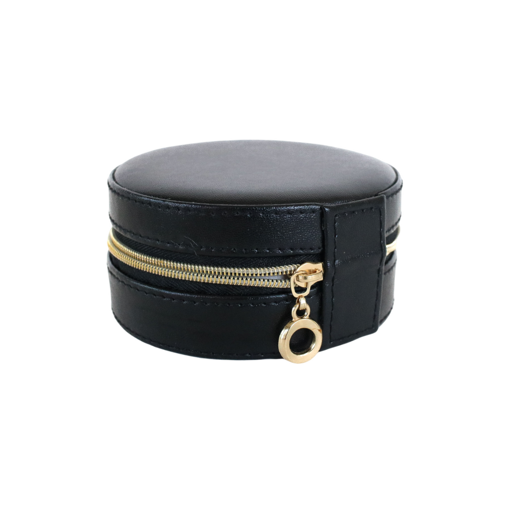 Compact black leather jewelry travel case.