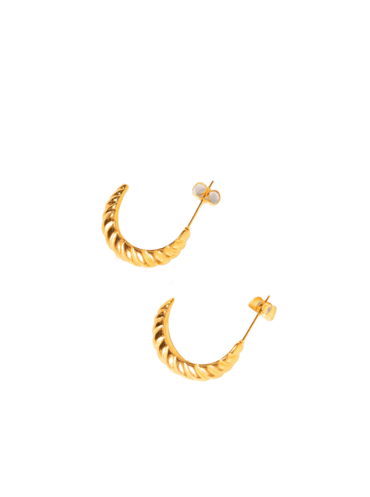 Elegant gold crossiant earrings with a unique, curved design and a polished, textured finish.